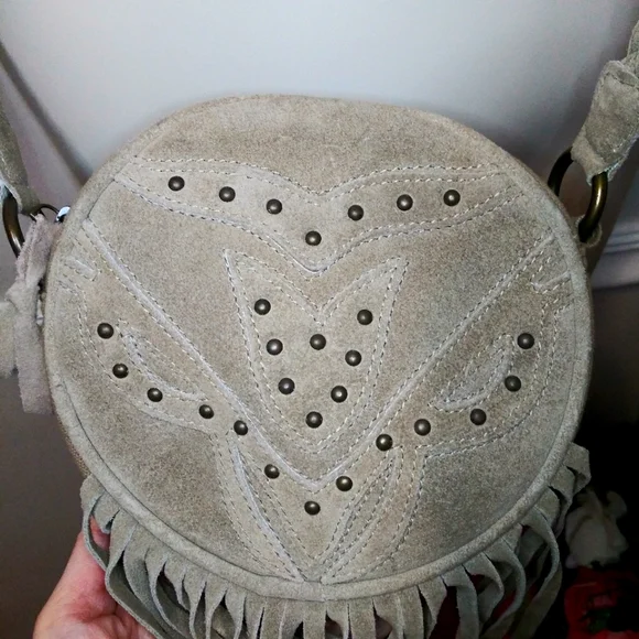 Earthbound Trading Co. Boho Tan Canvas & Studded Suede Fringed Crossbody Purse - Picture 5 of 13